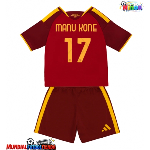 Camiseta AS Roma Manu Kone #17 Primera Equipación Replica 2026-27 para niños mangas cortas (+ Pantalones cortos)